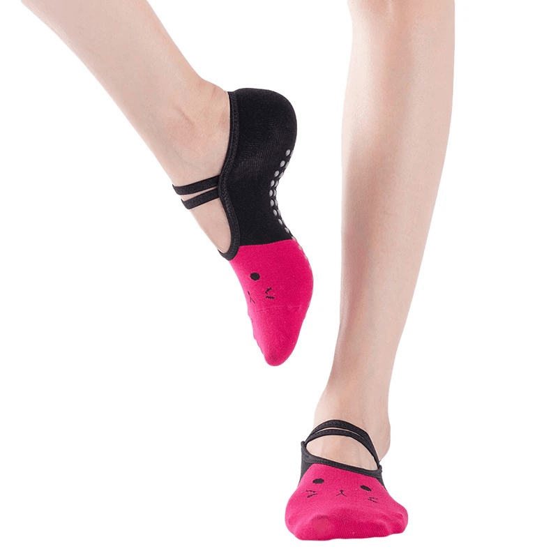 Cartoon Cat Anti-Slip Yoga Pilates Socks for Women with Pink and Black Design, Showing Grip Sole and Fun Cat Print.